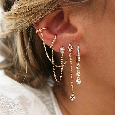Mode Messing Zirconia Ketting Kwastje Oorbellen Set 24K Verguld Oormanchet En Oorknopjes Gepersonaliseerde Sieraden Vrouwen
