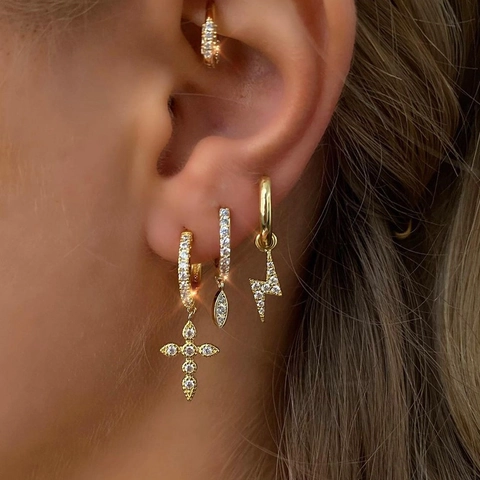 Minimalistisch Kupfer Strass Quaste Kette Doppelschicht Ohrklemme Blitz Kreuz Ohrringe Für Damen Punk Schmuck Geschenk