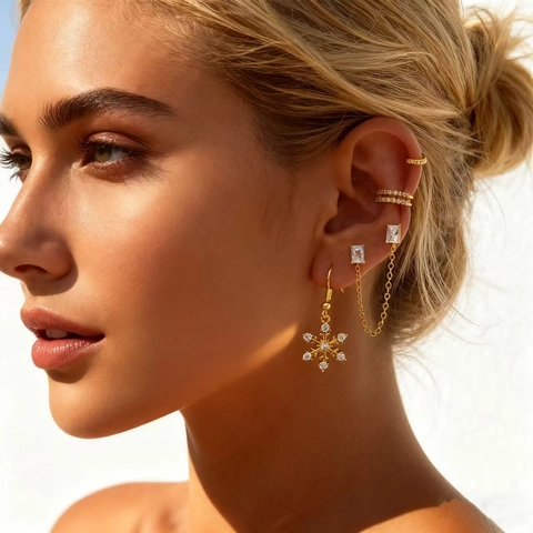 Luxus Vergoldetes Kupfer Schneeflocke Quaste Kette Ohrring Strass Zirkonia Ohrklemme Kollektion Für Damen Modeschmuck