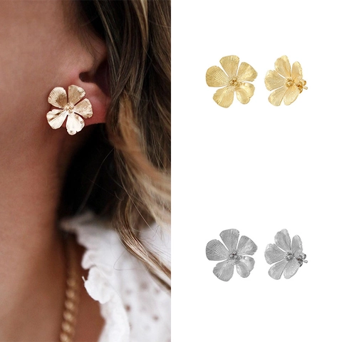 Vintage Elegante 24K Vergulde Messing Bloem Oorknopjes Radiale Geborstelde Textuur Vijf Bloemblad Florale Oorbellen Vrouwen Sieraden