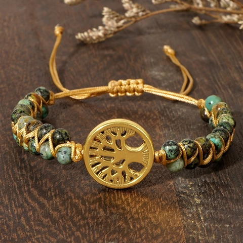 Natural Stone Tree Of Life Pendant Bracelet African Pine Round Beads Hand Woven Adjustable Alloy Bracelet For Men Women Jewelry Gift
