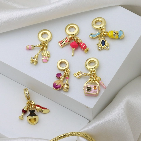 Fashion Copper Enamel Drip Oil Rhinestone Pendant Only For Bracelet Eiffel Tower Wine Cup High Heels Dress Jewelry Charm