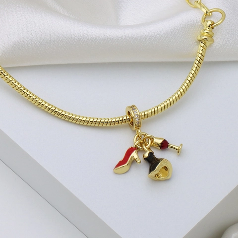 Fashion Copper Enamel Drip Oil Rhinestone Pendant Only For Bracelet Eiffel Tower Wine Cup High Heels Dress Jewelry Charm