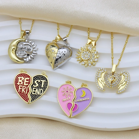 Magnetic Separable Sun Moon Heart Pendant Necklace For Couples Best Friends Copper Rhinestone Heart Wings Pendant Only