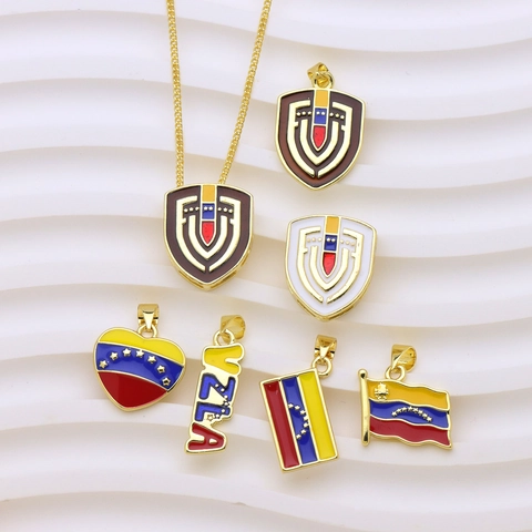 18K Gold Plated Copper Venezuela Flag Enamel Pendant Patriotic Jewelry Shield Heart VZLA Charm Accessory For Men Women