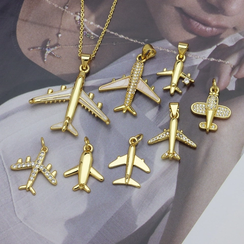 18K Gold Plated Copper Airplane Pendant Necklace For Women Men Zirconia Inlaid Enamel Plane Charm Fashion Jewelry Accessory