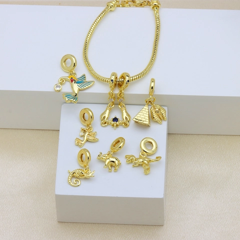 Gold Plated Copper Animal Charm Pendant For DIY Jewelry Making Hummingbird Dinosaur Elephant Pyramid Zirconia Enamel Accessory