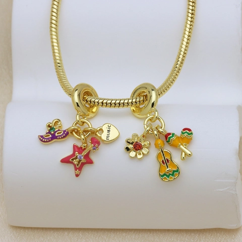 18K Gold Plated Copper Enamel Music Guitar Soccer DIY Charms Pendant Only For Snake Bone Bracelet Women Jewelry Accessory