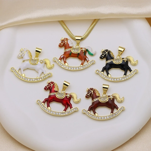 Exquisite Rocking Horse Pendant Copper Zirconia Enamel Animal Charm For Women Girls Fashion Jewelry Party Necklace Accessory