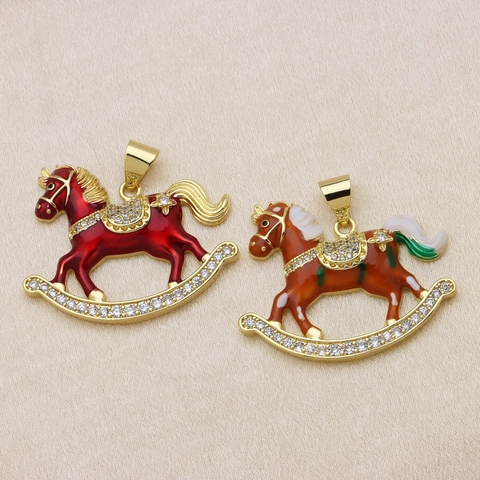 Exquisite Rocking Horse Pendant Copper Zirconia Enamel Animal Charm For Women Girls Fashion Jewelry Party Necklace Accessory