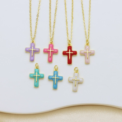 18K Gold Plated Copper Cross Pendant Necklace For Women Colorful Enamel Drip Oil Pendant Only (Without Chain) Jewelry Accessory