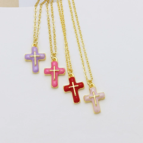18K Gold Plated Copper Cross Pendant Necklace For Women Colorful Enamel Drip Oil Pendant Only (Without Chain) Jewelry Accessory