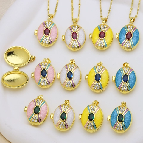 Vintage Copper 18K Gold Plated Oval Enamel Locket Pendant For Women Zirconia Inlaid Retro Palace Style Photo Locket Jewelry