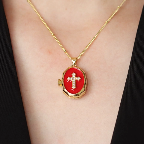 Vintage 18K Gold Plated Copper Locket Pendant For Women Enamel Cross Star Inlaid Zirconia Openable Photo Frame Jewelry