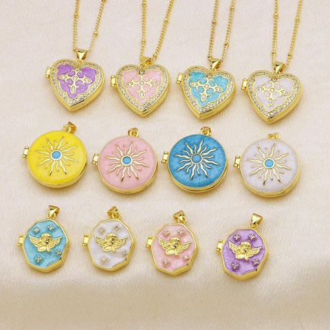 Vintage Copper Zirconia Heart Sun Angel Photo Locket Pendant Multicolor Enamel Inlaid Openable Memorial Pendant Only Jewelry