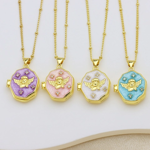 Vintage Copper Zirconia Heart Sun Angel Photo Locket Pendant Multicolor Enamel Inlaid Openable Memorial Pendant Only Jewelry