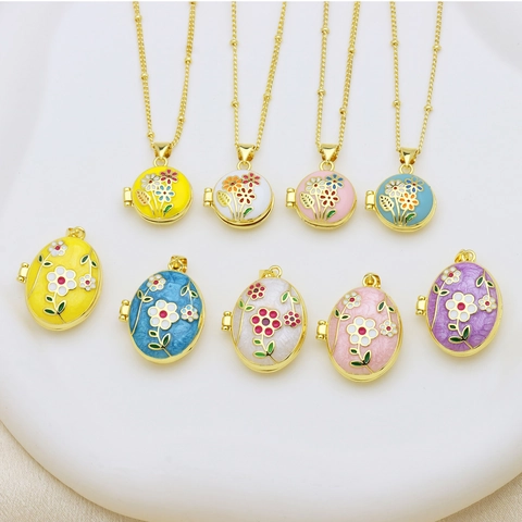 Vintage Copper 18K Gold Plated Enamel Floral Oval Round Photo Locket Pendant For Women Rose Tulip Daisy Necklace Accessory