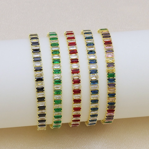 Light Luxury Copper 18K Gold Plated Rectangular Colorful Rhinestone Tennis Bracelet For Women Fashion Jewelry Gift