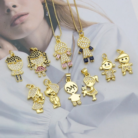18K Gold Plated Copper Cartoon Boy Girl Couple Pendant Only Colorful Zirconia Inlaid Fashion Jewelry Charm Accessory