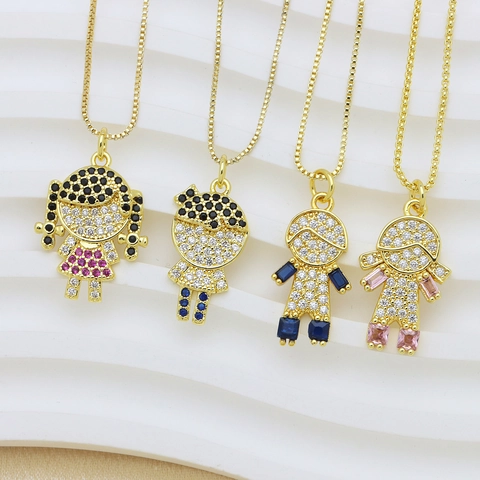 18K Gold Plated Copper Cartoon Boy Girl Couple Pendant Only Colorful Zirconia Inlaid Fashion Jewelry Charm Accessory