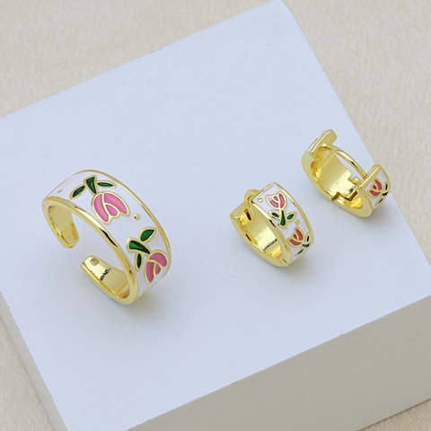 Set di Gioielli a Forma di Fiore di Tulipano in Rame Smaltato Placcato Oro 18K per Donna Romantico Anello Aperto Orecchini a Cerchio