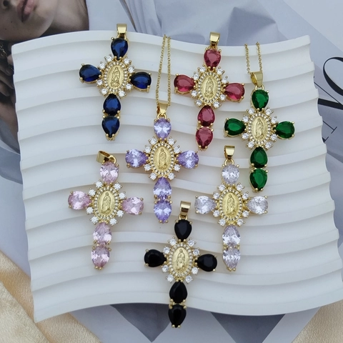 Vintage Vergoldete Messing Jungfrau Maria Religiöse Kreuz Anhänger Halskette Mit Bunten Zirkonia Damen Schmuck Geschenk