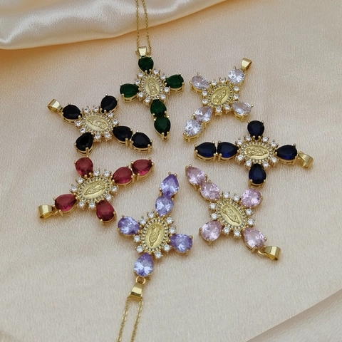 Vintage Vergoldete Messing Jungfrau Maria Religiöse Kreuz Anhänger Halskette Mit Bunten Zirkonia Damen Schmuck Geschenk