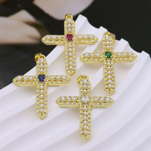 Vintage Messing Kreuz Anhänger Halskette Mit Künstliche Perlen Und Bunten Zirkonia Vergoldet Royaler Palast Stil Schmuck Für Damen