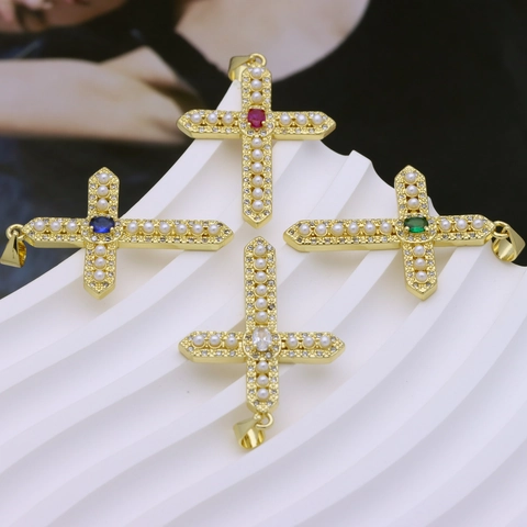 Vintage Messing Kreuz Anhänger Halskette Mit Künstliche Perlen Und Bunten Zirkonia Vergoldet Royaler Palast Stil Schmuck Für Damen