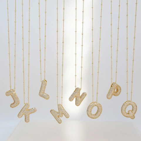 3D Bubble Initial Letter Pendant For Women Brass Gold Plated Inlaid Zirconia Alphabet Charm Necklace Jewelry Gift