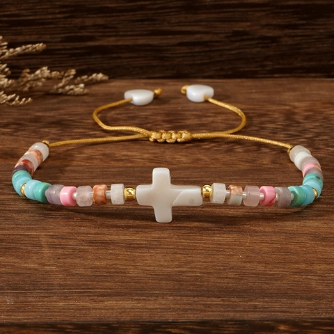 Bohemian Handmade Woven Cross Beaded Bracelet For Women Colorful Glass Semi-Precious Stone Shell Copper Beads Bracelet Gift