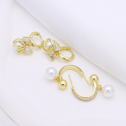 Fashion Brass Gold Plated Zirconia Artificial Pearl Earrings For Women Elegant Bowknot Geometric Cluster Drop Earrings Jewelry