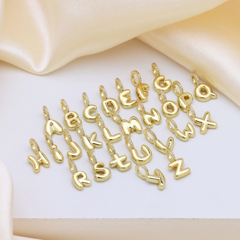 Gold Plated Copper Puffy Bubble Initial Letter Pendant Necklace Zirconia Inlaid Alphabet Jewelry Gift For Women