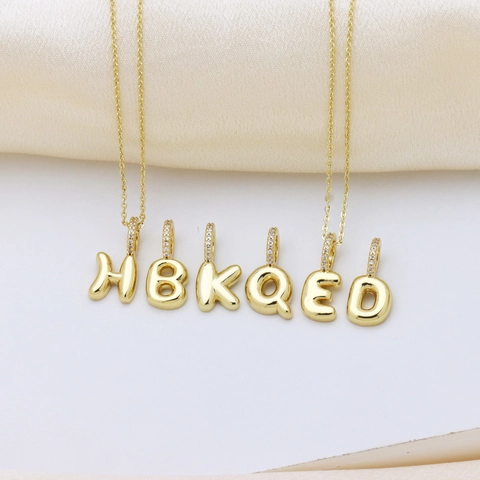 Gold Plated Copper Puffy Bubble Initial Letter Pendant Necklace Zirconia Inlaid Alphabet Jewelry Gift For Women