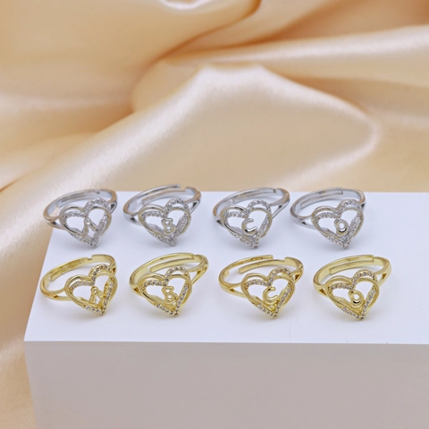 Copper Zirconia Heart Initial Letter Open Adjustable Ring Personalized Platinum Color Initial Ring For Women Jewelry Gift
