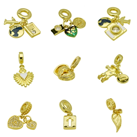 18K Gold Plated Copper Zirconia Travel Charms Heart Airplane Earth Enamel Pendant For DIY Bracelet Necklace Jewelry Making Women