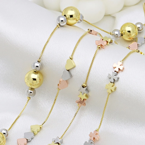 Collier Femme en Cuivre Tricolore Avec Pendentif Cœur Étoile Fleur Mode Or Argent Chaîne Vénitienne Bijoux