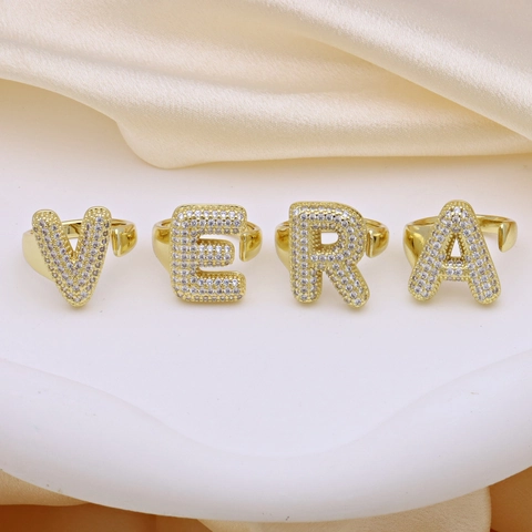 Bagues Ajustables Ouvertes Lettre de l'Alphabet A-Z en Cuivre Plaqué Or 18K avec Zirconia Pavé pour Femme Bijoux Personnalisés Bulle