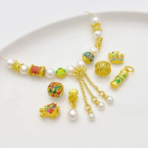 Antique Gold Plated Alloy Enamel Four Leaf Clover Dragon Bamboo Spacer Beads Pendants For DIY Jewelry Making Accessories