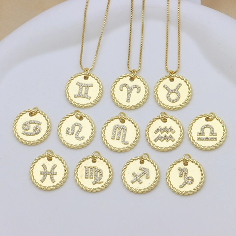 Gold Plated Copper Zirconia Twelve Constellations Round Zodiac Sign Pendant Necklace For Women Minimalist Jewelry