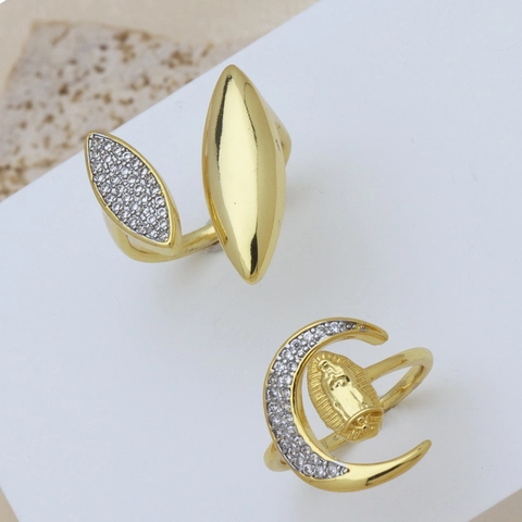Fashion Copper Gold Plated Zirconia Open Adjustable Ring For Women Crescent Moon Virgin Mary Guadalupe Olive Leaf Finger Ring Jewelry