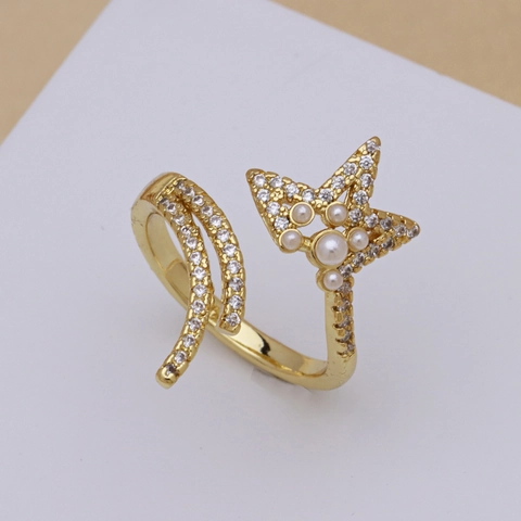 Vintage Gold Plated Alloy Artificial Pearl Zirconia Open Rings For Women San Benito Medal Star Adjustable Finger Jewelry