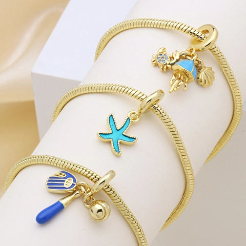 Gold Copper Charm Bracelet With Ocean Starfish Baseball Pendant Blue Enamel Rhinestone Snake Bone Chain Jewelry For Women