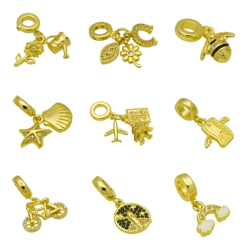 Gold Plated Copper Bracelet Pendants Set For Women Bee Starfish Sunflower Eiffel Tower Airplane Bicycle Evil Eye Charms Jewelry