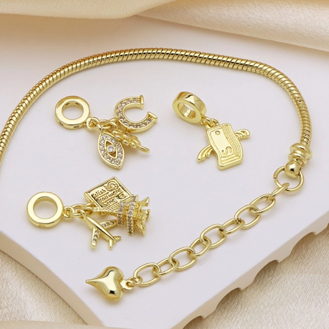 Gold Plated Copper Bracelet Pendants Set For Women Bee Starfish Sunflower Eiffel Tower Airplane Bicycle Evil Eye Charms Jewelry