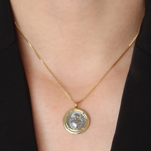 Vintage Copper Two Tone Religious Coin Pendant Necklace Gold Silver Plated St Benedict Sacred Heart Medal Box Chain For Women Jewelry