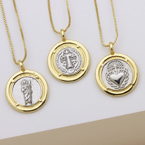 Vintage Copper Two Tone Religious Coin Pendant Necklace Gold Silver Plated St Benedict Sacred Heart Medal Box Chain For Women Jewelry