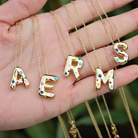18K Gold Plated Brass Bubble Letter Initial Pendant Necklace Enamel Polka Dots Colorful Alphabet Charm Pendant Only Jewelry For Women