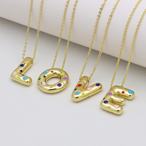 18K Gold Plated Brass Bubble Letter Initial Pendant Necklace Enamel Polka Dots Colorful Alphabet Charm Pendant Only Jewelry For Women