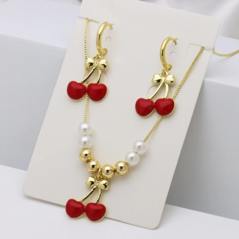 Dolce Collezione di Gioielli a Ciliegia Rame Perla Artificiale Smalto Fiocco Collana Orecchini a Goccia per Donna Accessori Moda